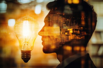 A man's profile superimposed with data streams, illuminated by a glowing lightbulb, symbolizes innovative ideas and technological breakthroughs.