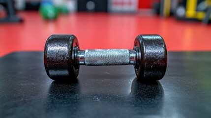 Close up view of a black dumbbell with a textured surface resting on a black mat in a gym setting. The red floor and blurred gym equipment are