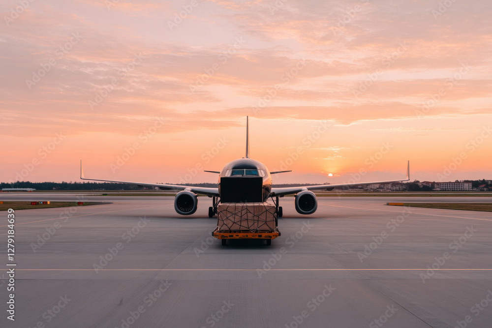 Poster a large airplane is parked on the runway with a large box attached to the back