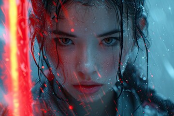 A graceful female samurai from Japan, armed with a bright red neon katana.