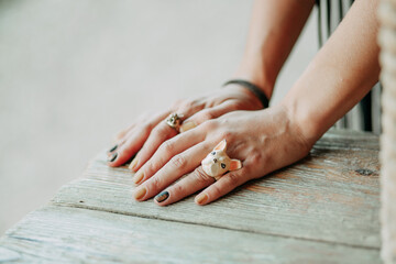Women's hands with a black and gold manicure and a ceramic bulldog face ring