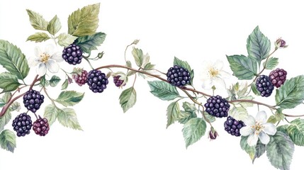 Blackberry branch with blossoms, watercolor painting, nature, design element