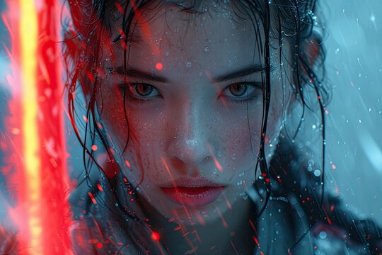 A graceful female samurai from Japan, armed with a bright red neon katana.