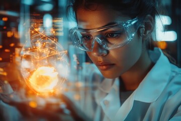 A female scientist examines a glowing orb, representing data visualization or scientific breakthrough.
