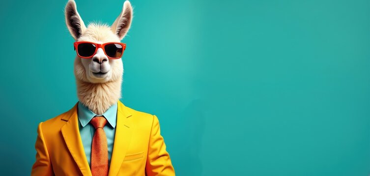 Elegant llama in orange business suit, sunglasses against bright turquoise background. Funny animal poses like model. Design includes wide banner, copy space for text. Stylish animal boss cool.
