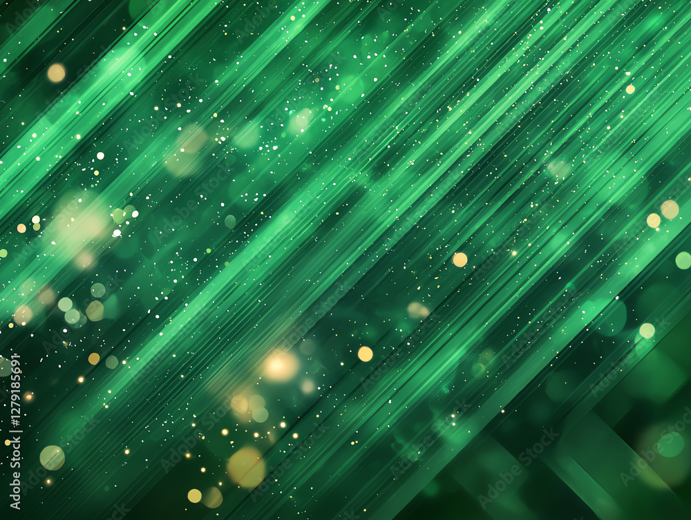 Poster vibrant green abstract background with slanted lines and glowing particles, creating dynamic and ene