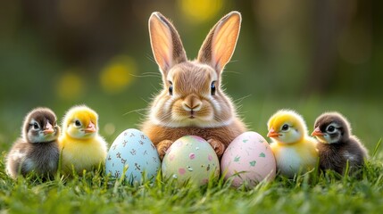 Adorable bunny with ducklings and easter eggs on grass outdoors. Easter, Pascha, Paskha, Ostern, Pascua, Paques - Orthodox and Catholic Holiday celebration