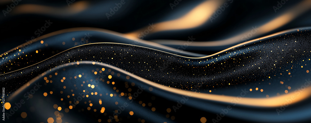 Poster luxurious black fabric with golden sparkles, creating wavy texture. shimmering effect adds elegance 