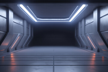 Futuristic empty room with sleek cement floors and illuminated walls, creating modern and minimalistic atmosphere. Ideal for showcasing innovative designs or concepts