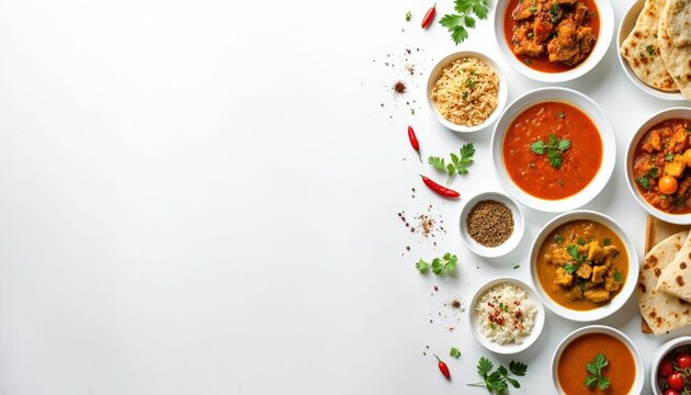Top view various Indian dishes in white plates on isolated background. Spicy chicken, vegetable curries, lentil dhal, masala rice, naan bread. Traditional asian meal flatlay assortment on clean table. - Powered by Adobe