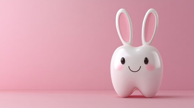 Cute tooth-shaped bunny figure with smile on pink background. Easter, Pascha, Paskha, Ostern, Pascua, Paques - Orthodox and Catholic Holiday celebration