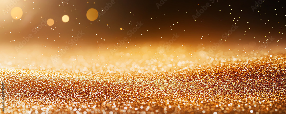 Poster shimmering gold glitter texture with sparkling particles and smooth surface, creating warm and invit