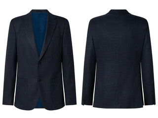 Portrait of men's suit jacket ( blazer ) isolated in white background, invisible ghost mannequin. Fashion industry high-quality studio shot photography. Front and back view.