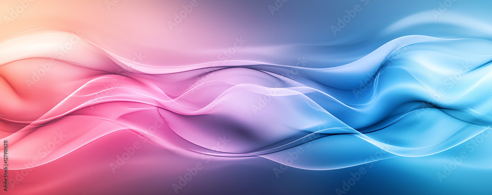 Poster smooth gradient waves in pink and blue tones create calming abstract background. flowing lines evoke