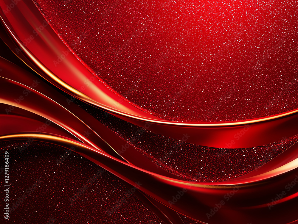 Poster vibrant red metallic texture with smooth flowing curves and sparkling glitter, creating abstract des