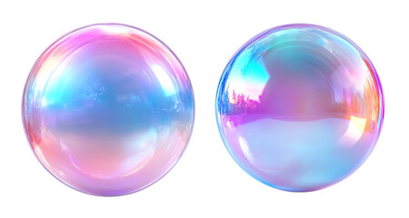 Vibrant 3D bubbles with smooth iridescent surfaces, bright holographic colors and modern round designs. PNG