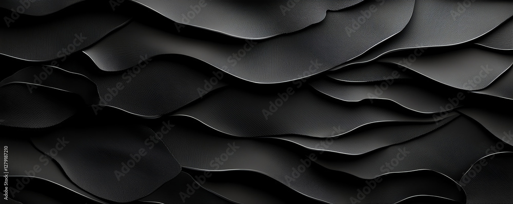 Poster textured black surface with wavy layers creating modern design. dark tones and smooth curves evoke s
