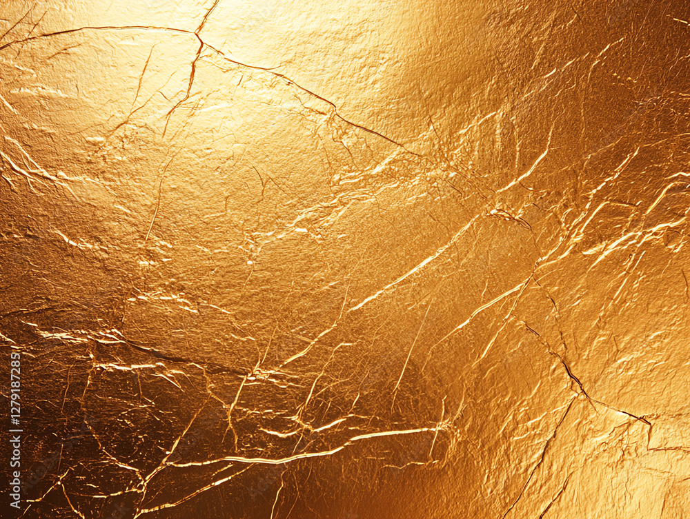 Poster shiny gold foil texture with intricate cracks and patterns, creating luxurious and elegant backgroun