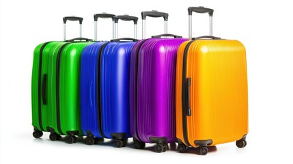 Four vibrant suitcases in green, blue, purple, and orange stand in a row against a bright white background. These hard shell rolling suitcases are