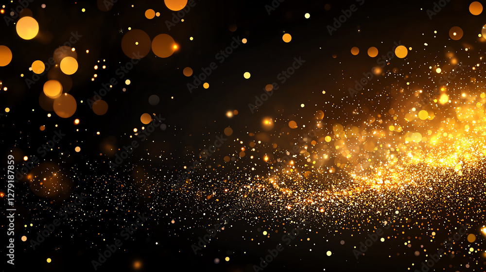 Poster golden glittering particles create mesmerizing background with dark gradient, evoking sense of magic