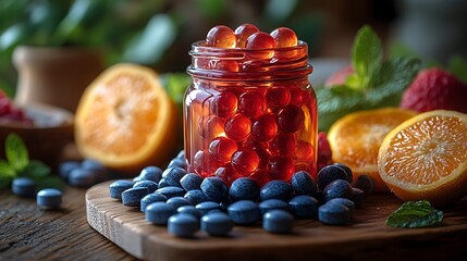 Herbal vitamin c supplements with fresh fruit and wooden background