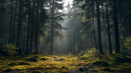 Obraz premium Sunbeams illuminate a misty, mossy forest path.