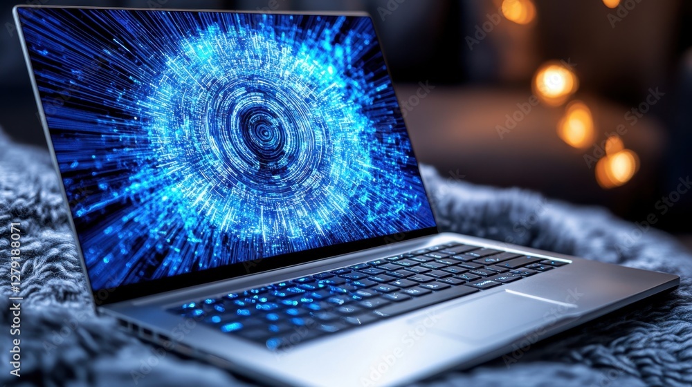 Poster close up view of a computer displaying an abstract blue and white digital particle explosion on its 