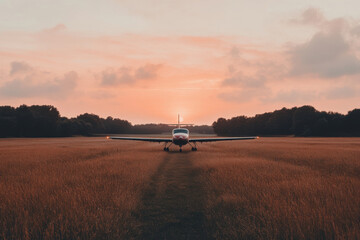Fototapeta premium A small plane is sitting on a runway in a field