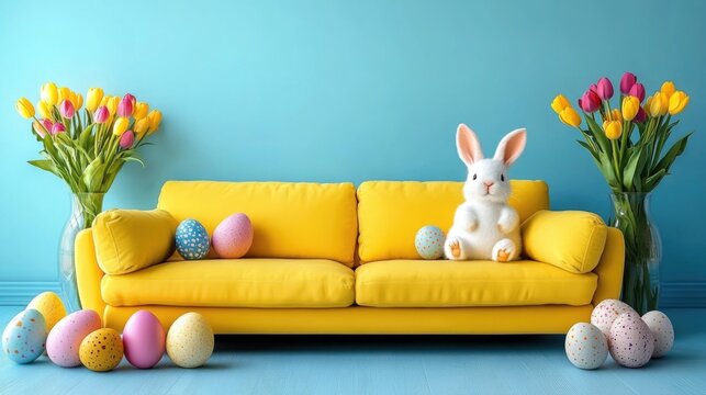 Colorful easter scene with yellow couch, bunny, painted eggs, and tulips. Easter, Pascha, Paskha, Ostern, Pascua, Paques - Orthodox and Catholic Holiday celebration