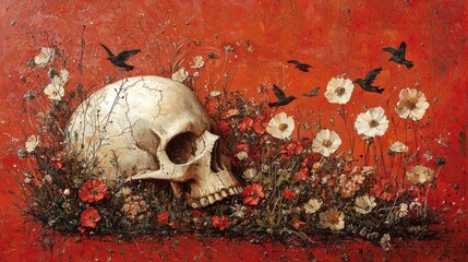 A Human Skull Rests Amidst Blossoming Flowers and Birds