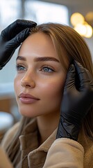 A professional cosmetic procedure being performed, where a skilled beautician is carefully applying treatment to a woman's face, showcasing precision and care in the beauty industry