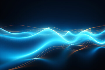 Naklejka premium Glowing blue digital waves create dynamic and mesmerizing visual effect, showcasing fluid movement and vibrant colors. interplay of light and shadow adds depth and intrigue