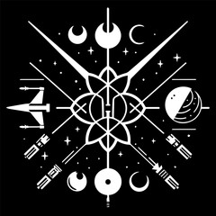 A minimalist black-and-white poster combining Star Wars symbols and the phrase "May the Force Be With You."