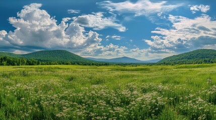 Fototapeta premium Tranquil Green Valley with Wildflowers