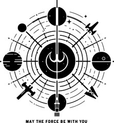 A minimalist black-and-white poster combining Star Wars symbols and the phrase "May the Force Be With You."