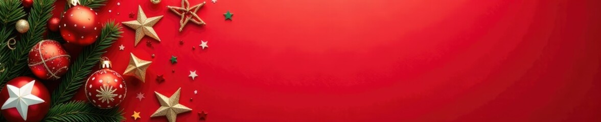 Fototapeta premium Colorful Christmas decorations on a red background, cheer, christmas