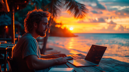Digital nomad working on laptop at tropical beach sunset