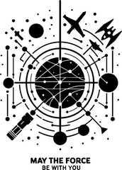 A minimalist black-and-white poster combining Star Wars symbols and the phrase "May the Force Be With You."