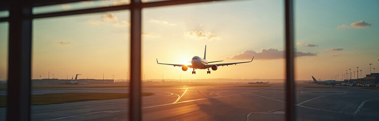 Aeroplane lands at airport runway during sunset seen through window. Commercial airline passenger plane landing. Travel flight concept. Trip on aircraft. Vacation business transport on aerodrome.
