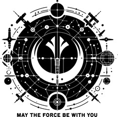 A minimalist black-and-white poster combining Star Wars symbols and the phrase "May the Force Be With You."