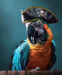 A vibrant macaw parrot wearing a pirate hat, showcasing vivid blue, green, and yellow feathers against a soft background. Pirate&rsquo;s Best Friend, Traditional Tricorn Hat