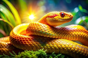 Fototapeta premium Golden Snake Double Exposure, Bright Snake Photo, AI Art, Snake Photography, Nature, Wildlife, Exotic, Serpent, Reptilian, Gold, Light, Bright, Glow, Fantasy, Surreal, Double Exposure Effect, Golde