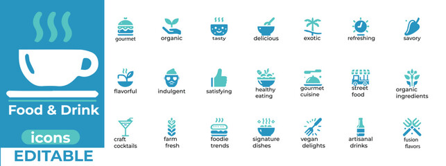 High quality food and drink vector icon set perfect for menus, branding, and web Scalable, modern, and ready to use 