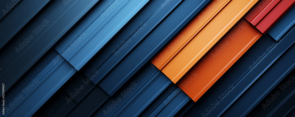 Poster modern abstract design featuring layered metal sheets in blue, orange, and red hues, creating dynami