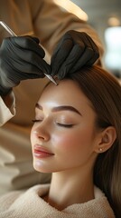 A professional cosmetic procedure being performed, where a skilled beautician is carefully applying treatment to a woman's face, showcasing precision and care in the beauty industry
