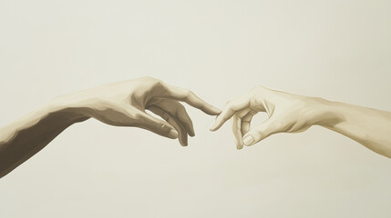  Two hands gently touching fingertips, almost but not quite touching, against a soft, neutral background