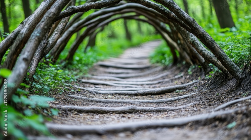Poster a pathway lined with interwoven tree branches creates a tunnel like effect in a lush forest. the pat