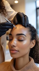 A professional cosmetic procedure being performed, where a skilled beautician is carefully applying treatment to a woman's face, showcasing precision and care in the beauty industry