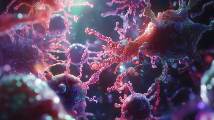 Naklejka premium A colorful microscopic view of cells, showcasing their intricate structures and connections.