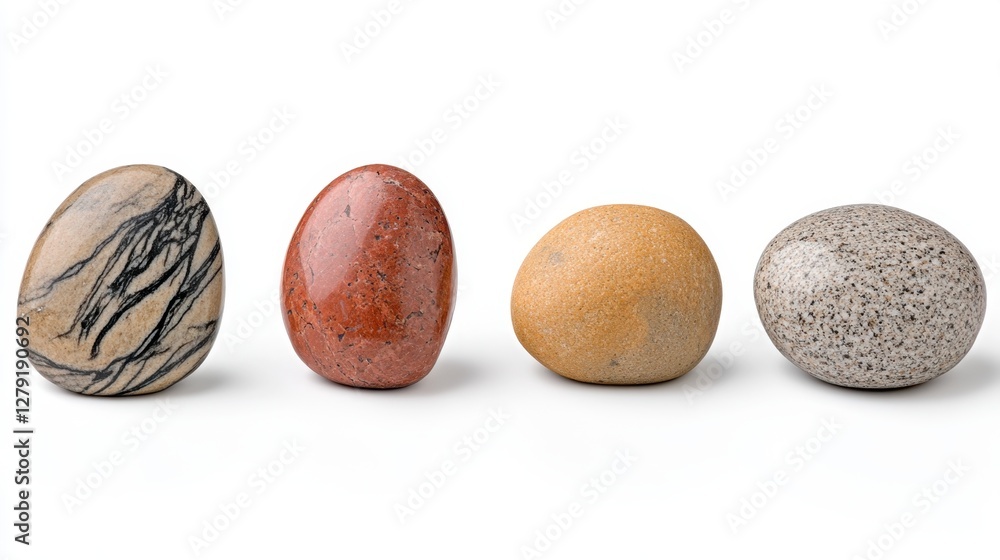 Poster four smooth stones with unique color patterns and textures arranged in a row against a white backgro